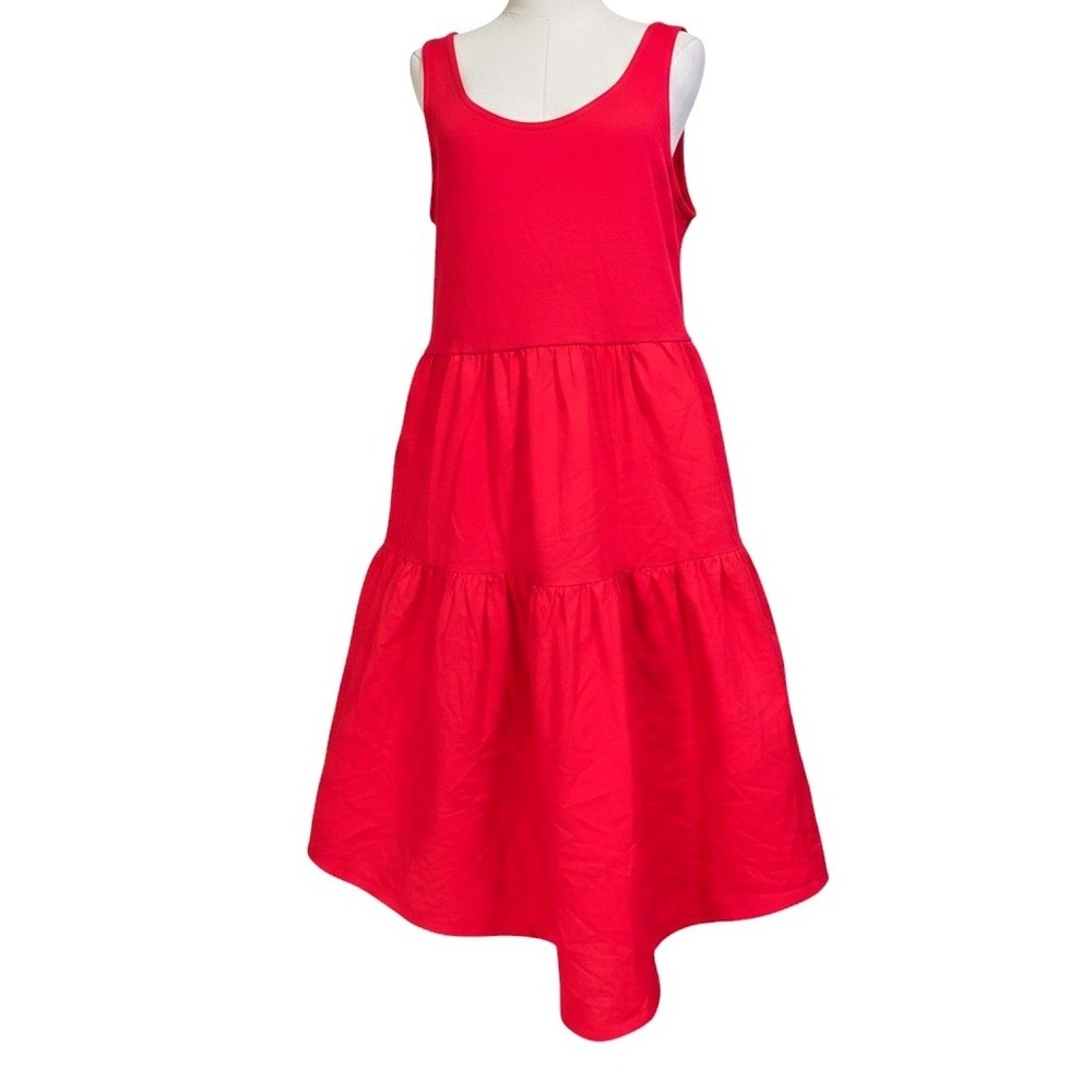 J.Crew Tiered Knit Mixy Midi Dress Womens Large Red Excellent Sleeveless Pockets